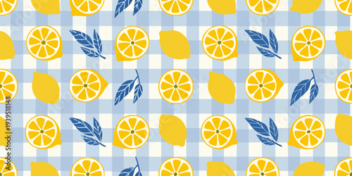 A cheerful pattern of lemons and leaves on a blue gingham background