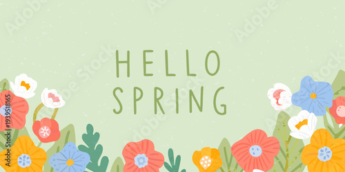 A cheerful hello spring message surrounded by colorful floral illustrations