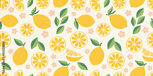 A vibrant pattern of lemons blossoms and green leaves on cream