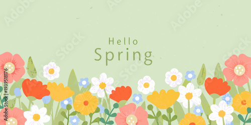A cheerful spring illustration featuring colorful flowers and text