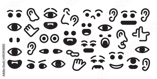 Assorted expressive faces, ears, nose, and hands for creative design