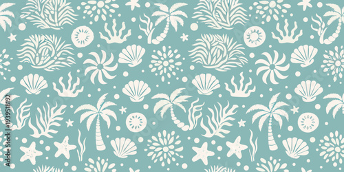 A repeating pattern of tropical plants shells and marine life
