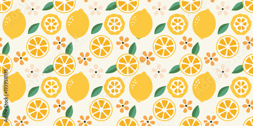 A seamless pattern featuring lemons orange slices and delicate floral accents