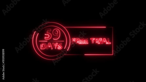 Neon bright 59 Days Free Trial Banner icon circle frame red color animation. Business nice products 59 days free trial offer video. 