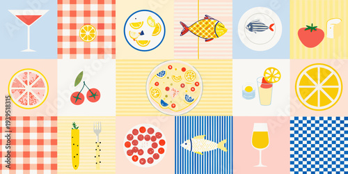 A colorful collage featuring various food and drink illustrations