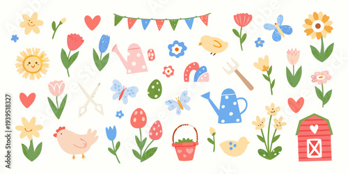 Colorful spring and garden themed illustrations with flowers butterflies and tools