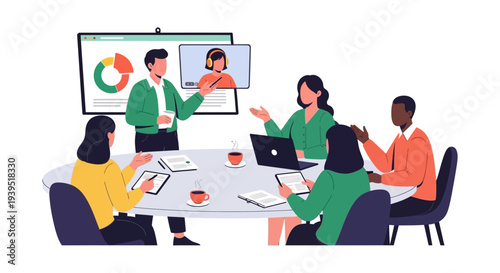 Diverse Business Team in Hybrid Meeting: Presentation, Collaboration & Video Conferencing