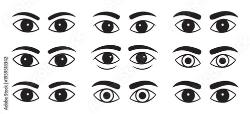 Set of human eyes illustrations in various styles featuring different expressions for character designing
