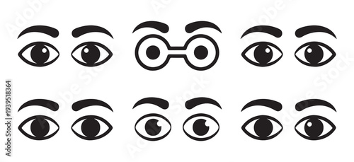 Various human eye shapes with eyebrows collection minimalist black line icons set for beauty design vector