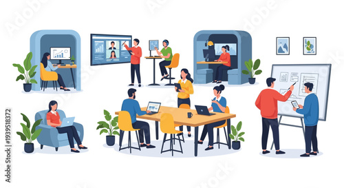 Dynamic Hybrid Workplace: Professionals Collaborating in Office, Remote, and Virtual Settings