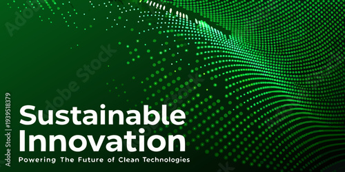 Abstract green dots forming a flowing shape with text overlay