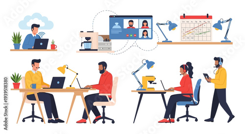 Modern Remote Work and Online Collaboration Flat Vector Illustration Set