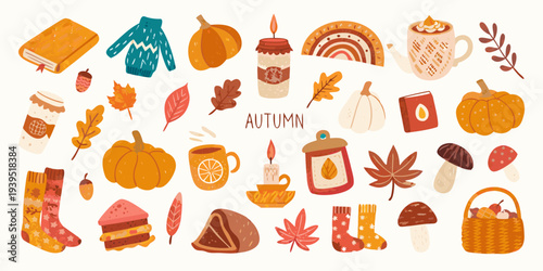 A colorful autumn themed illustration with seasonal objects and decorations