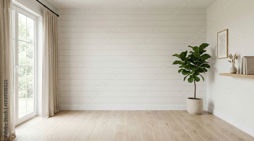 Obraz premium Minimalist White Wall Room with Paneling, Indoor Plant and Copy Space 