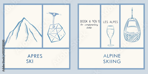 Stylized illustration depicting alpine skiing mountains and apr s ski themes