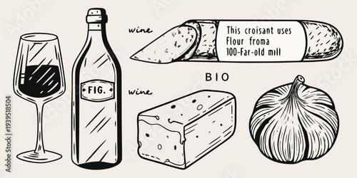 Sketch of wine cheese croissant fig and garlic with handwritten labels