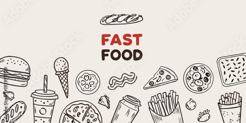 Hand drawn illustration of various fast food items and text
