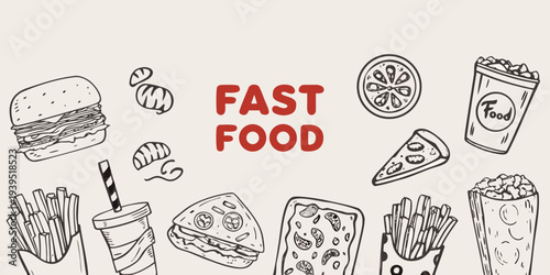 Hand drawn illustration of various fast food items and snacks