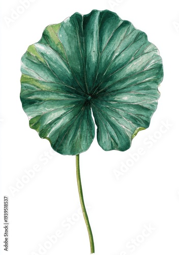 A single, large, circular green leaf with prominent veins, isolated on white