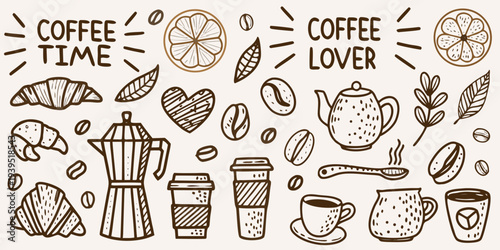 Stylized illustration of coffee elements pastries and related typography