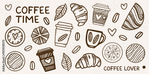 A charming doodle illustration showcasing coffee pastries and delightful elements