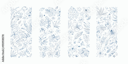 Botanical illustration with a leopard and tropical foliage in blue tones