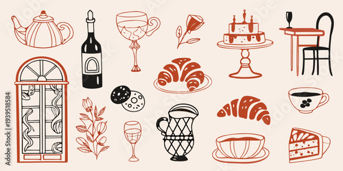 A collection of hand drawn illustrations depicting tea pastries and decor