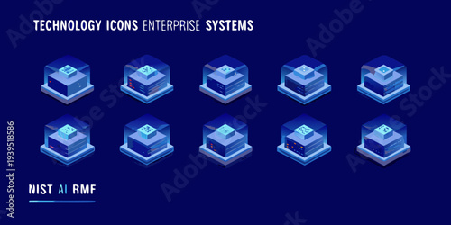 Isometric technology icons representing enterprise systems and data management