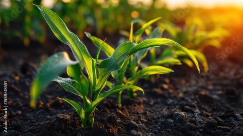 Young corn plants in field