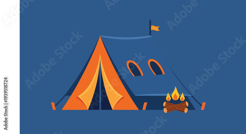 Camping tent with campfire and flag in wilderness adventure