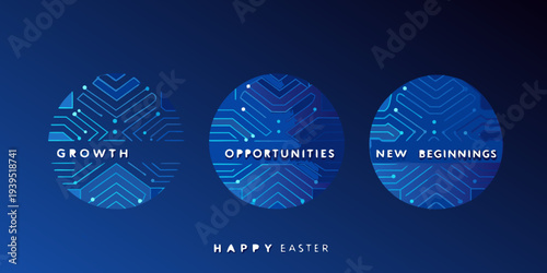 Three circular icons with circuit patterns and text on a blue gradient