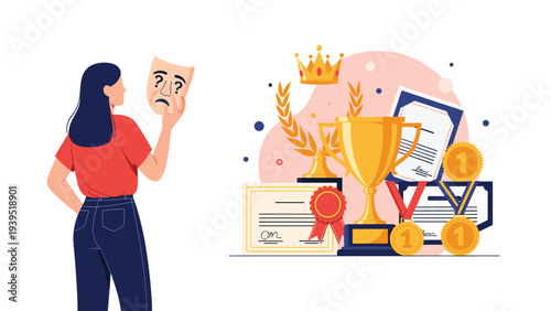 Successful woman holding a sad theatrical mask while standing in front of many trophies and achievement certificates.