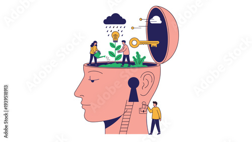 Group of small people planting and watering ideas inside an open human head while a key unlocks mental potential.