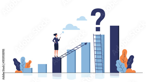 Professional woman standing on a bar graph looking up at a giant question mark and ladders representing career path.