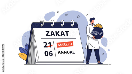 Muslim man holding a traditional pot of gold coins next to a large calendar marked for annual zakat charity donation.