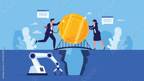 Business professionals rolling a giant dollar coin over a bridge while a robotic arm works in the gap underneath.