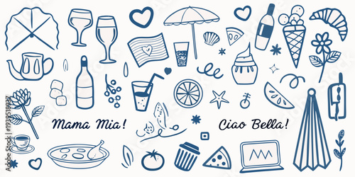 Hand drawn summer doodles featuring food drinks and beach elements