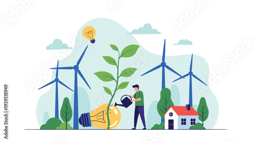 Man watering a green sprout growing from a lightbulb with wind turbines and a small house for renewable energy concepts.