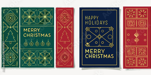 Four decorative christmas cards with geometric patterns and festive greetings