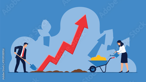 Man with a shovel and woman with a watering can helping a large red growth arrow emerge from the ground like a plant.