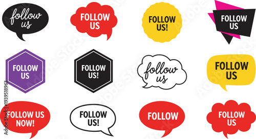 Follow Us Social Media Icons Set Featuring Colorful Speech Bubbles Call To Action Labels Stickers Ribbons and Promotional Marketing Tags