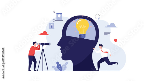 Two men observing a giant head silhouette with a glowing lightbulb brain using a telescope and running towards it.