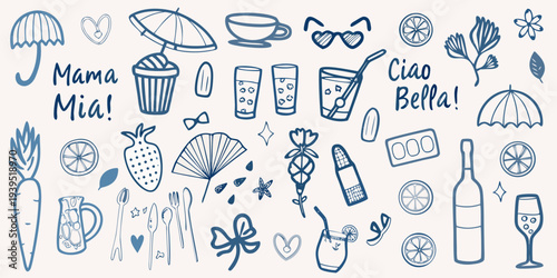 Italian summer doodles fruit drinks and whimsical hand drawn elements