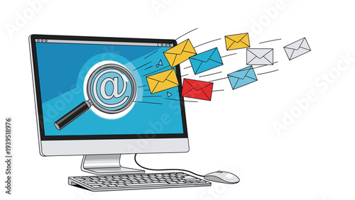 Desktop computer screen displaying a magnifying glass and multiple colored email envelopes flying out as digital messages.