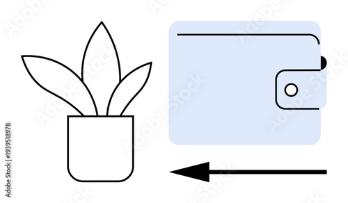 Money concept. Wallet icon with arrow transaction, paired with potted plant as a nature symbol. Money concept for financial apps, eco-friendly living, digital wallets, commerce, savings