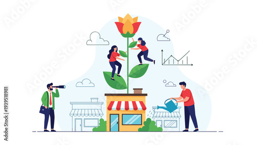 Diverse team of people watering and caring for a giant blooming flower growing on the roof of a small retail store.