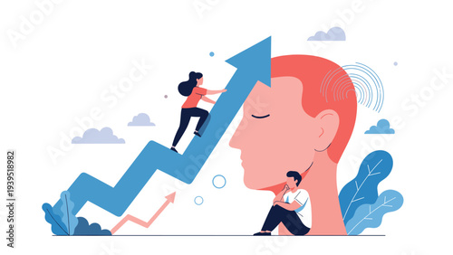 Woman climbing a rising growth arrow over a giant head silhouette while another man sits in deep thought or sadness.