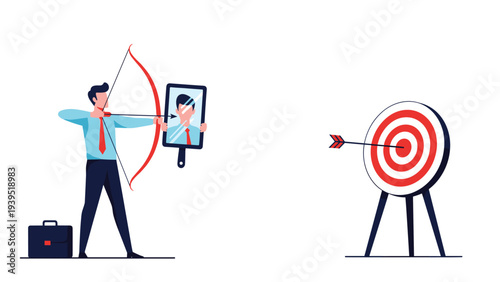 Professional archer looking at himself in a mirror while aiming his bow and arrow at a target board for self reflection.
