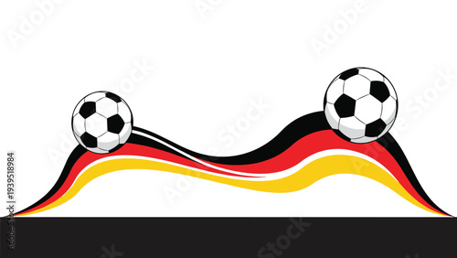 Two black and white soccer balls rolling over the colorful waves of the german national flag representing sports.