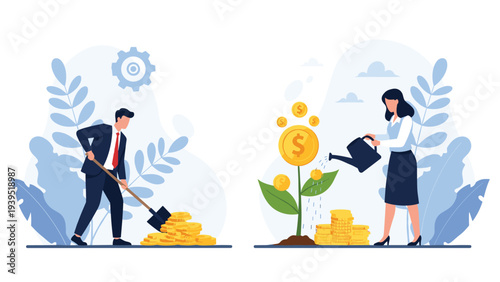 Professional businessman digging coins while a woman waters a golden money plant growing from a stack of currency.